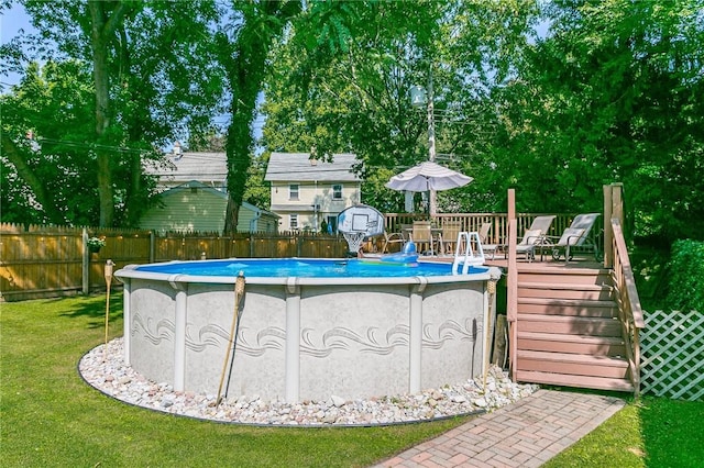 view of pool with a yard, a fenced backyard, a wooden deck, and a fenced in pool