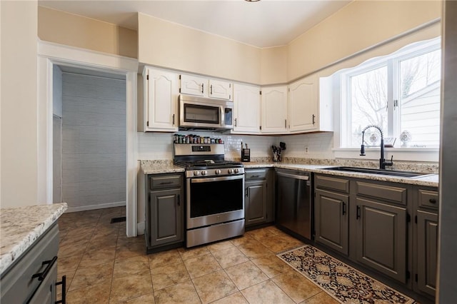 kitchen featuring stainless steel appliances, white cabinetry, a sink, and backsplash