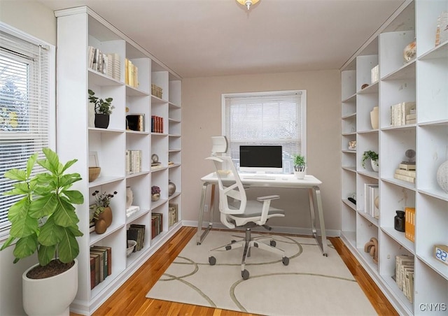 office area featuring plenty of natural light, baseboards, and wood finished floors