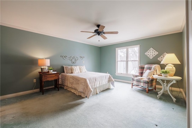 carpeted bedroom featuring crown molding, ceiling fan, and baseboards