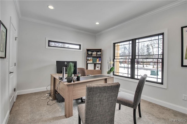 carpeted office with ornamental molding, recessed lighting, and baseboards