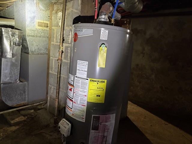 utility room featuring heating unit and water heater