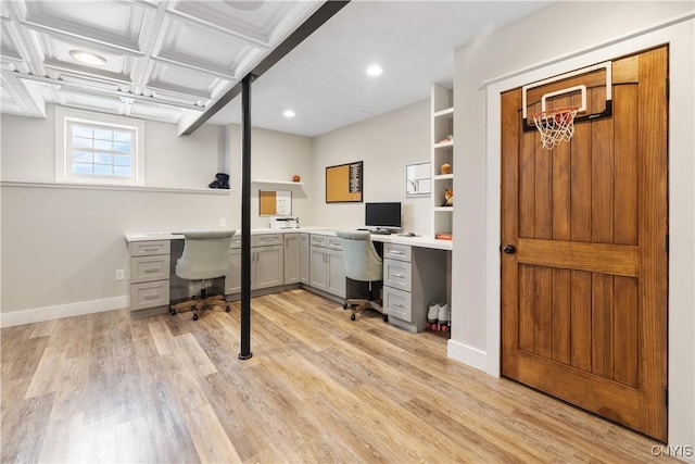 office space featuring light wood-type flooring, baseboards, and recessed lighting