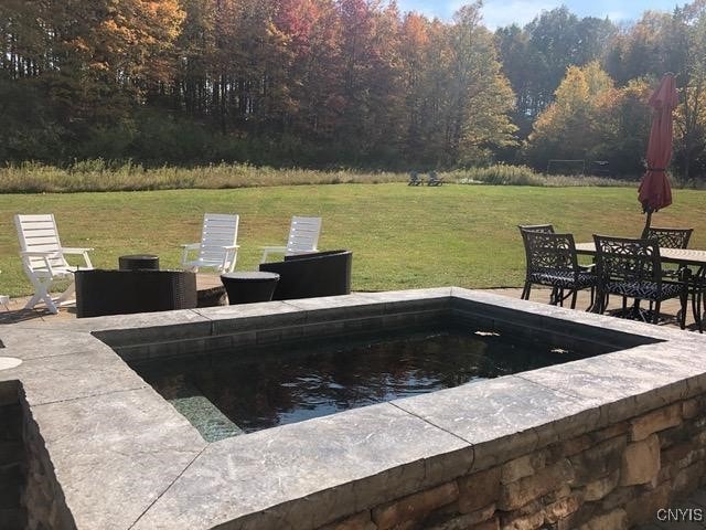 view of pool with a lawn and a patio area