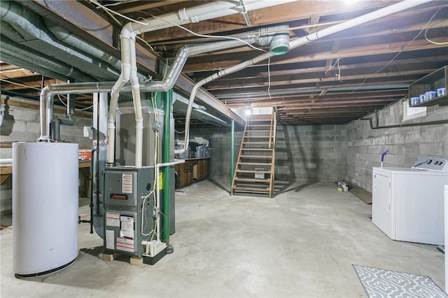 unfinished basement featuring heating unit and water heater