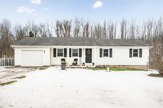 single story home featuring a garage, roof with shingles, fence, and driveway