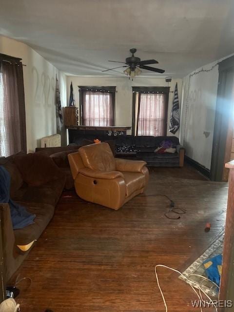 living area featuring ceiling fan and wood finished floors