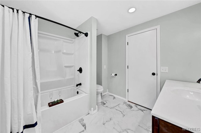 bathroom featuring shower / tub combo, baseboards, toilet, marble finish floor, and vanity