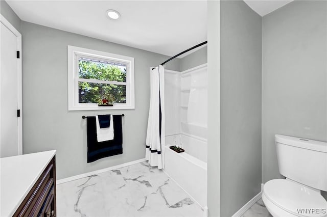 full bathroom with toilet, recessed lighting, shower / tub combo, baseboards, and marble finish floor