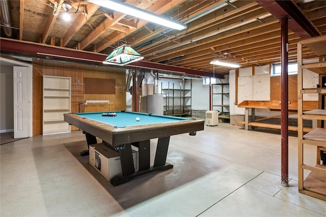 recreation room featuring water heater, billiards, and concrete floors