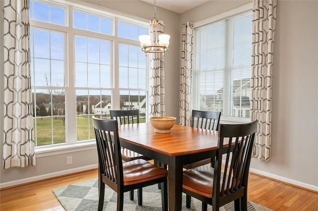 dining area with light wood-style flooring, baseboards, and a notable chandelier