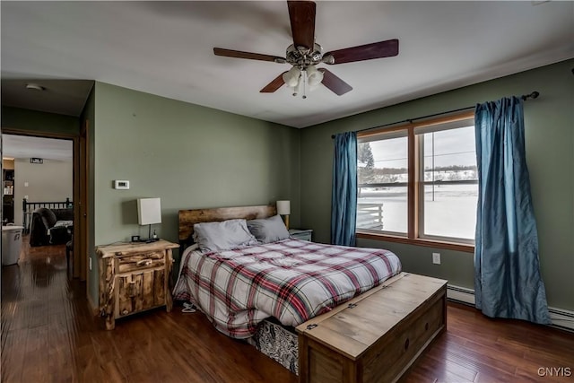 bedroom featuring dark wood-style floors, ceiling fan, and baseboard heating