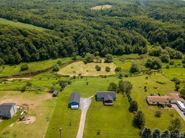 birds eye view of property featuring a rural view and a forest view