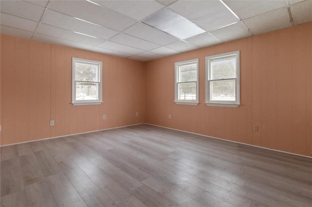 spare room featuring a healthy amount of sunlight, a drop ceiling, and wood finished floors