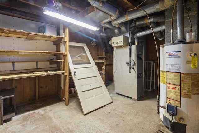 unfinished basement featuring heating unit and water heater