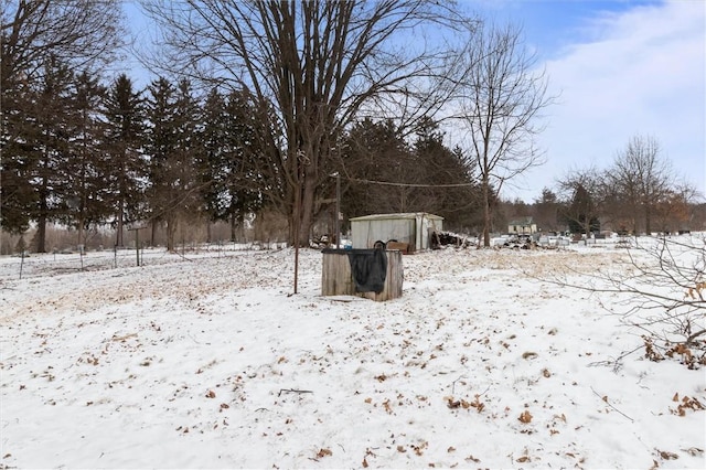 yard layered in snow featuring a storage shed, a detached garage, and an outdoor structure