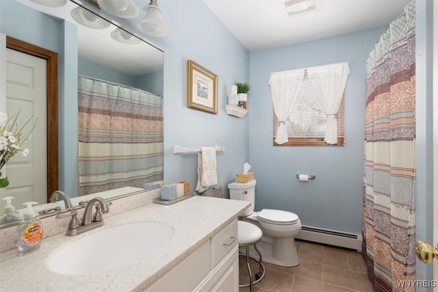 full bathroom with a baseboard radiator, toilet, visible vents, vanity, and tile patterned floors