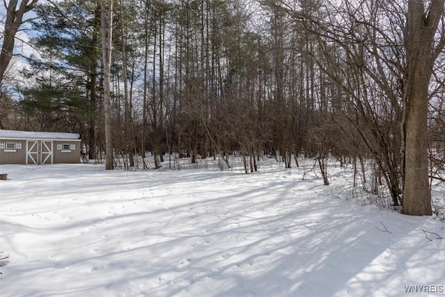 yard layered in snow with an outdoor structure and a storage shed