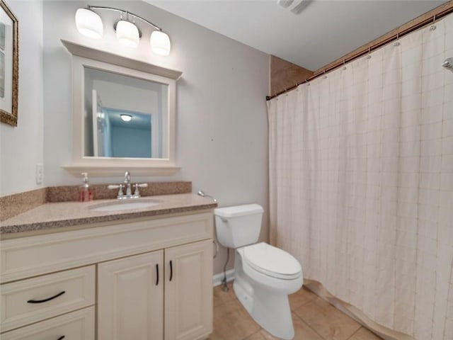 bathroom featuring visible vents, toilet, curtained shower, tile patterned flooring, and vanity