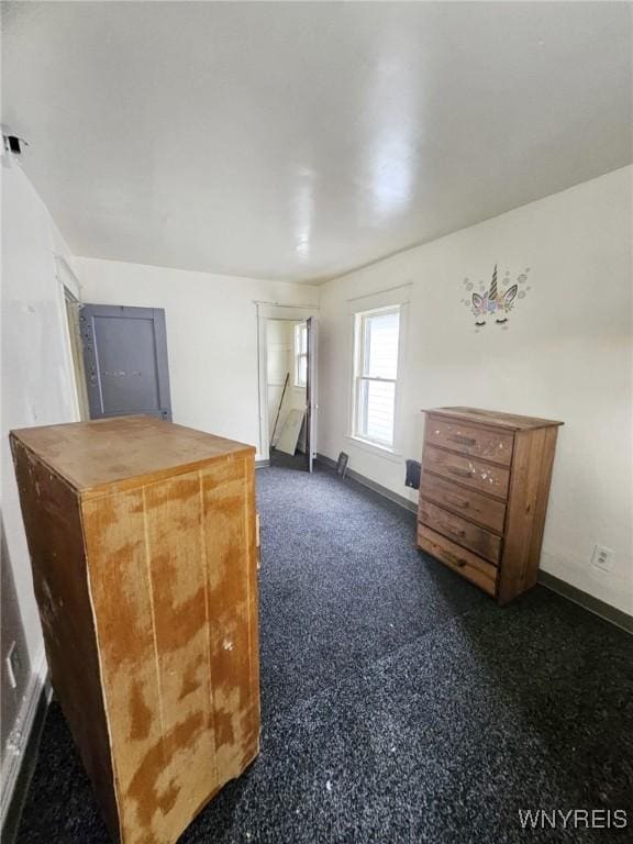 interior space featuring baseboards and dark colored carpet