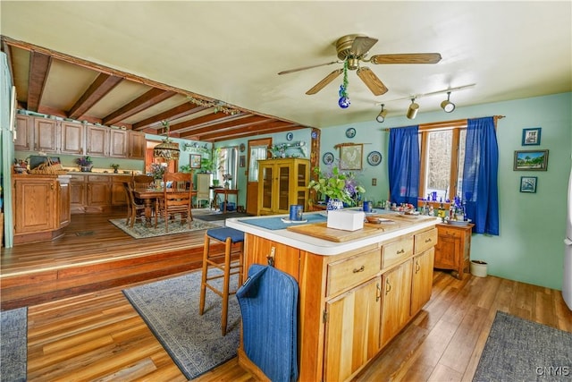 225 Amberg Rd, Ohio, NY 13324 - kitchen featuring light wood-style flooring, ceiling fan, a center island, light countertops, and a breakfast bar area