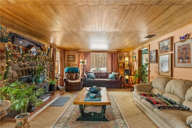 225 Amberg Rd, Ohio, NY 13324 - living area with wooden ceiling, carpet, a fireplace, and crown molding