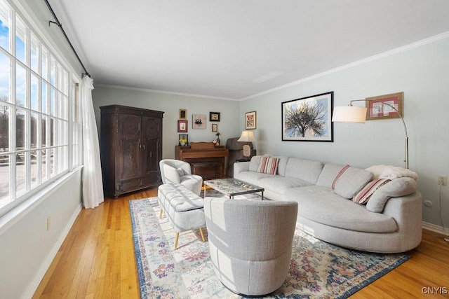 living area with baseboards, ornamental molding, and wood finished floors