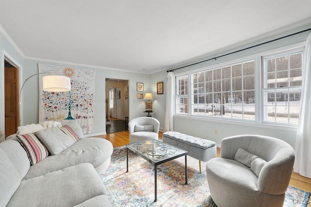 living room featuring crown molding and wood finished floors