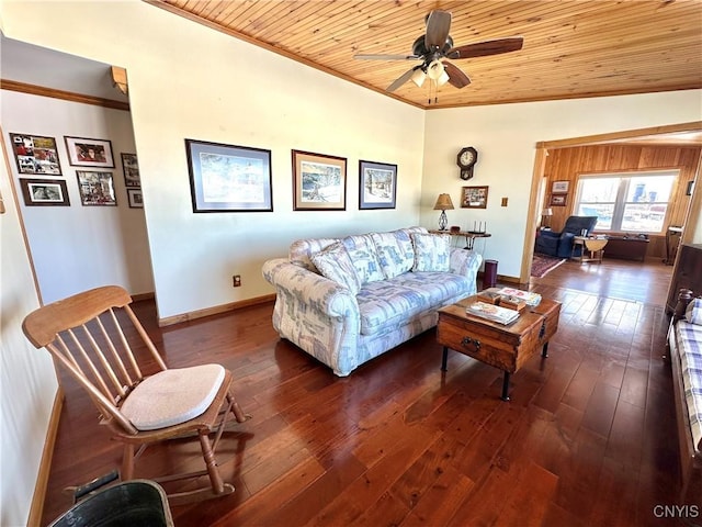 living room with wood ceiling, baseboards, dark wood-style flooring, and crown molding