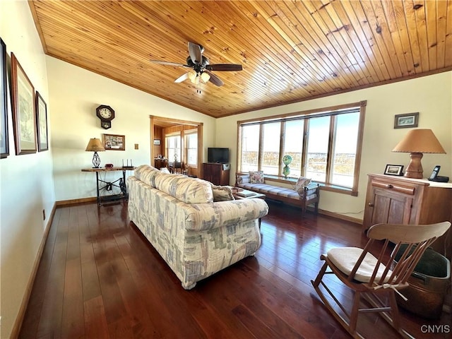 living room with dark wood-type flooring, lofted ceiling, wood ceiling, and a healthy amount of sunlight