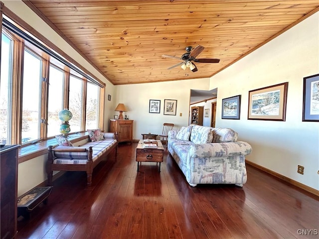 living room featuring lofted ceiling, ceiling fan, hardwood / wood-style flooring, wood ceiling, and baseboards