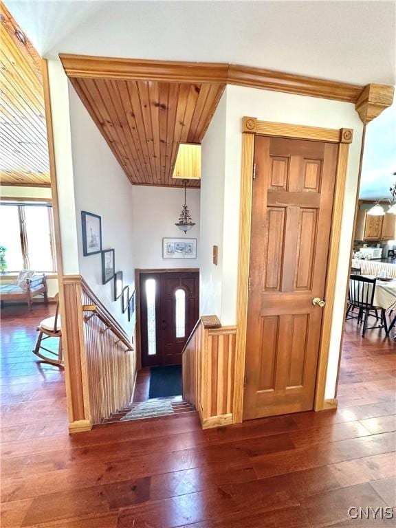 entrance foyer featuring wood ceiling, a wainscoted wall, and hardwood / wood-style flooring