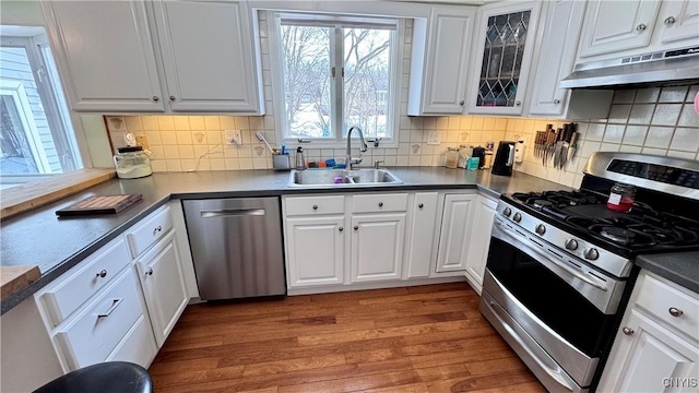 kitchen featuring appliances with stainless steel finishes, white cabinets, a sink, wood finished floors, and under cabinet range hood