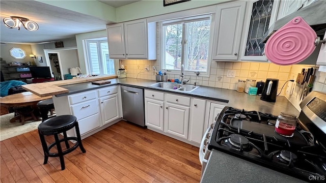 kitchen featuring a peninsula, light wood-style flooring, stainless steel appliances, and a sink