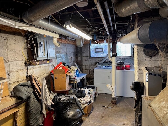 basement featuring electric panel and washer and clothes dryer