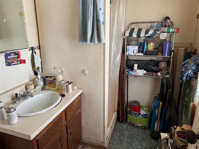 bathroom with vanity and a shower with shower curtain