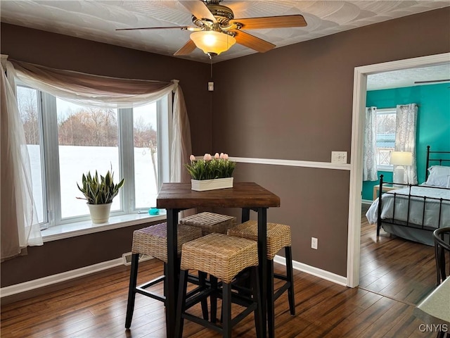 dining area featuring dark wood-style floors, baseboards, and a healthy amount of sunlight