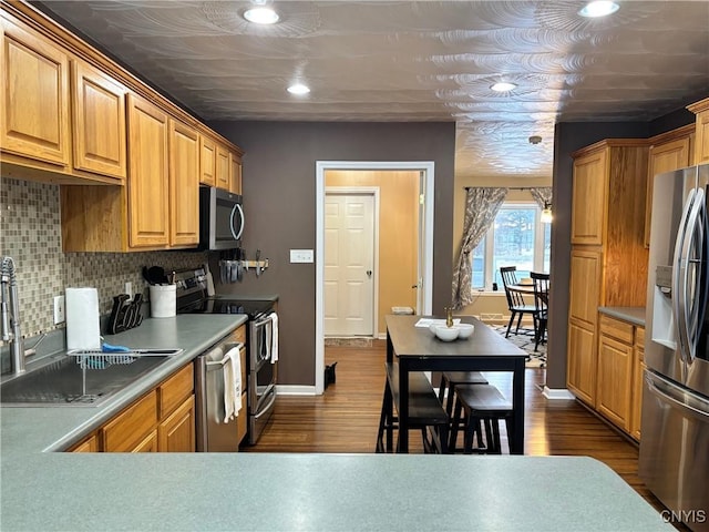 kitchen featuring dark wood-style floors, tasteful backsplash, appliances with stainless steel finishes, and a sink