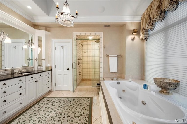 3789 State Route 12, Kirkland, NY 13323 - full bath featuring crown molding, a stall shower, vanity, a tub with jets, and tile patterned floors