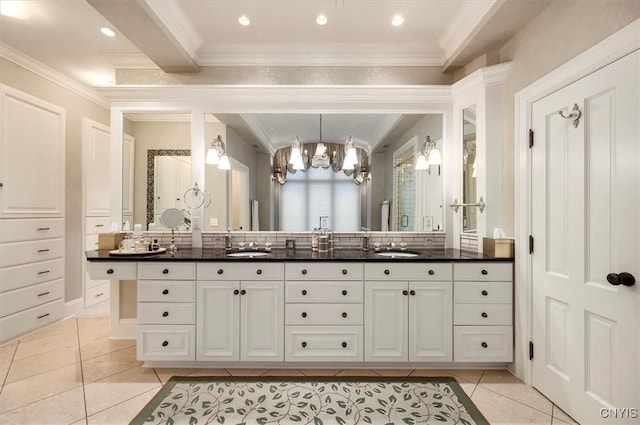 3789 State Route 12, Kirkland, NY 13323 - bathroom featuring double vanity, tile patterned floors, a chandelier, and ornamental molding
