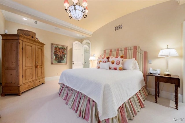 3789 State Route 12, Kirkland, NY 13323 - bedroom with crown molding, a notable chandelier, light colored carpet, visible vents, and baseboards
