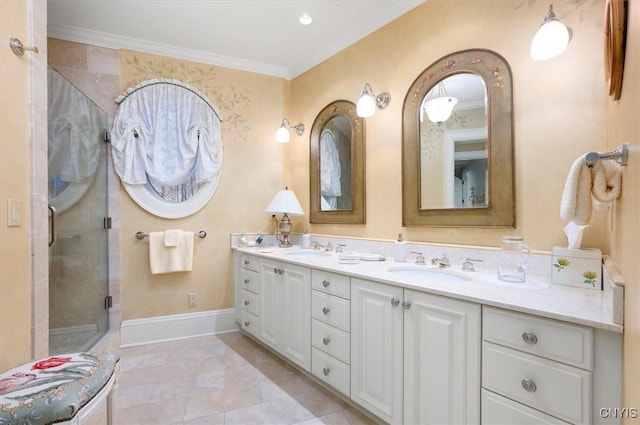 3789 State Route 12, Kirkland, NY 13323 - bathroom featuring a sink, baseboards, ornamental molding, a shower stall, and double vanity