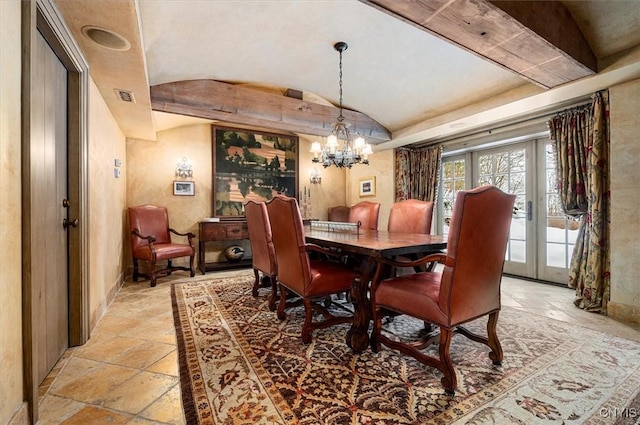 3789 State Route 12, Kirkland, NY 13323 - dining area with visible vents, vaulted ceiling, french doors, stone tile flooring, and an inviting chandelier