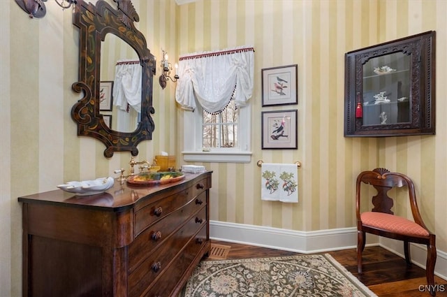 3789 State Route 12, Kirkland, NY 13323 - interior space with baseboards, wood finished floors, vanity, and wallpapered walls
