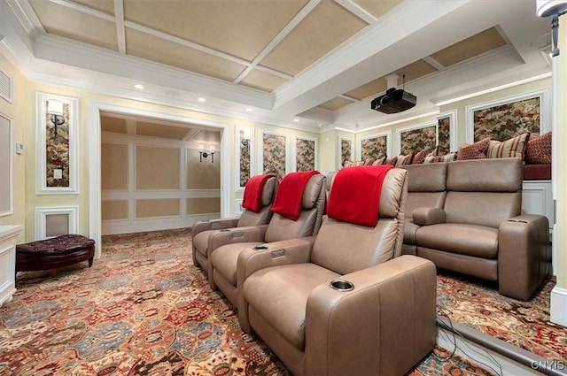 3789 State Route 12, Kirkland, NY 13323 - home theater with beam ceiling, coffered ceiling, crown molding, and a decorative wall
