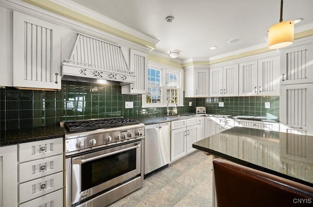 3789 State Route 12, Kirkland, NY 13323 - kitchen featuring stainless steel appliances, a sink, custom exhaust hood, tasteful backsplash, and crown molding