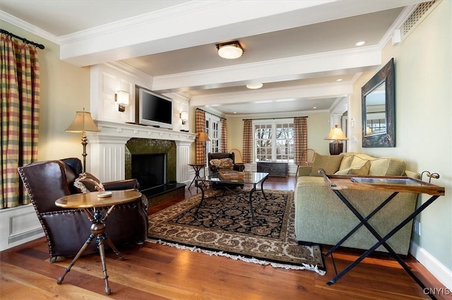 3789 State Route 12, Kirkland, NY 13323 - living area featuring baseboards, visible vents, a premium fireplace, ornamental molding, and wood finished floors