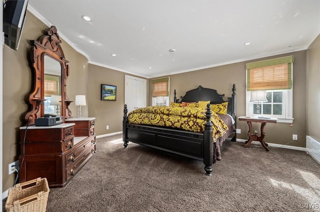 3789 State Route 12, Kirkland, NY 13323 - carpeted bedroom featuring baseboards, crown molding, and recessed lighting