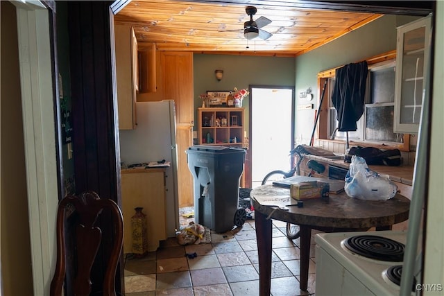 kitchen featuring wooden ceiling, electric range, and a ceiling fan