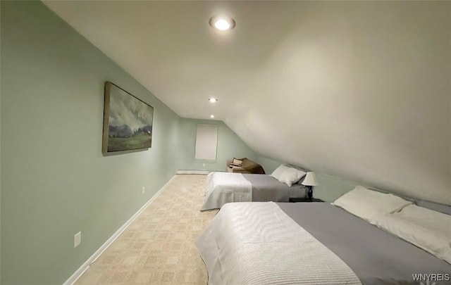 bedroom featuring lofted ceiling, light colored carpet, baseboards, and recessed lighting